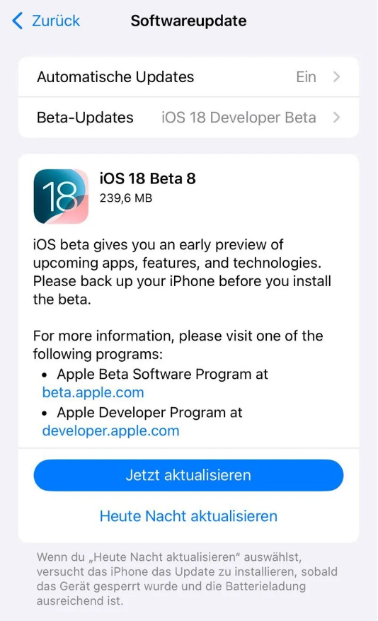 临县苹果手机维修分享苹果 iOS / iPadOS 18 开发者预览版 Beta 8 发布 
